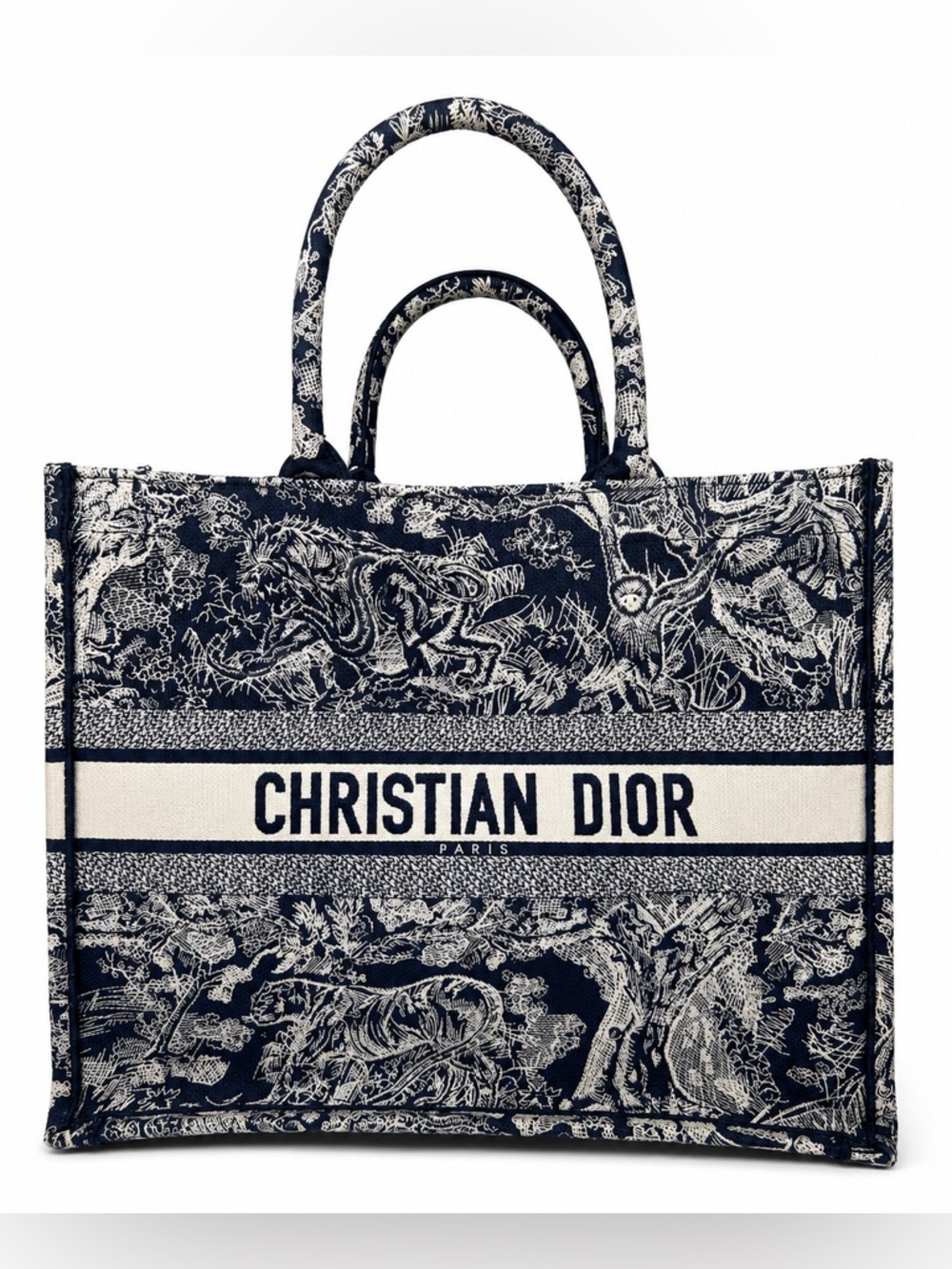 Large Dior Book Tote Ecru and Blue Toile de Jouy Embroidery